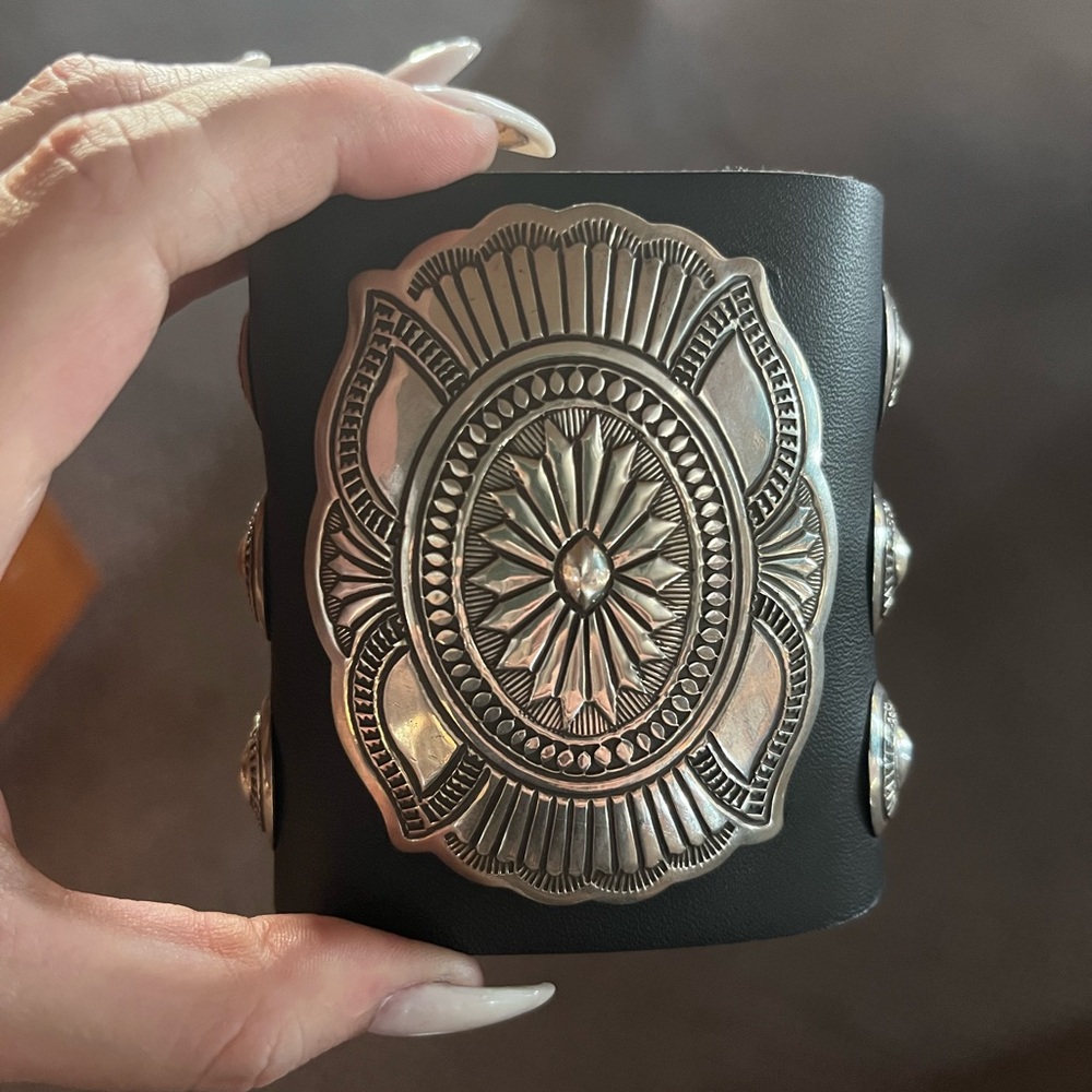 Native American Navajo Handmade sterling silver leather bow guard